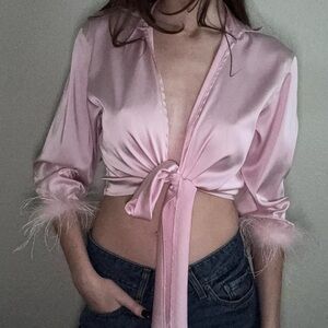 Pink Satin Tie-Front Top
